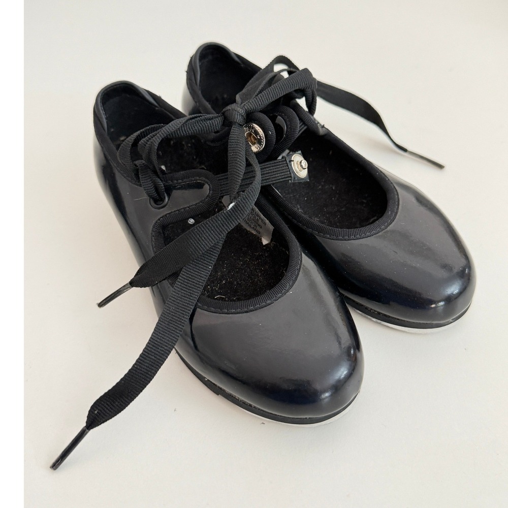 Bloch Black Patent Techno Tap Shoes Mary Jane Dance Girls Size 8M Ribbon Tie